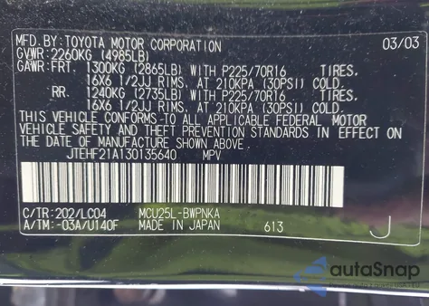 2003 Toyota Highlander Limited V6 from USA, damaged, VIN JTEHF21A130135640